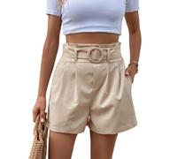 EMOTTOS Bermuda Shorts pour Femmes Décontracté, Taille Haute Shorts Pantalon Ete avec Poche avec Ceinture Amovible Taille Élastiquée, Plissé Shorts Jambes Larges pour Femme, Abricot S