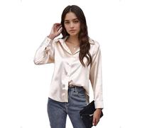 EMOTTOS Blouse Sexy en Satin pour Femme, Chemisier Ample à Boutons et col en V, Chemise élégante à Manches Longues pour Sortir, Aller au Bureau ou pour Un Look Décontracté, Beige, S