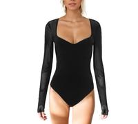EMOTTOS Body en Dentelle Transparente pour Femmes, Sexy Dos Nu Body avec Encolure en Cœur, Bodysuit Voir à Travers en V avec Manches en Maille, Body à Boutons-pression pour Femmes, Noir, S