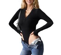 EMOTTOS Body Femme Manches Longues, V Neck Sexy Slim Fit Top High Stretch Soft Casual Leotard Body Suits, Elegant Ribbed One Piece Top Shirt, Noir/Gris, S-L