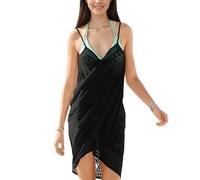 EMOTTOS Cache-Maillot de Bain en Dentelle à Col en V pour Femme, Mini-Robe de Plage avec Dos Nu et Bretelles Réglables, Tunique Poncho Bohème à Ourlet Irrégulier, Noir, Taille Unique