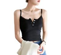 EMOTTOS Camisole en Tricot boutonné pour Femmes, Y2k Slim Fit Lace Patchwork Ribbed Knit Vest, Top Court sans épaules et sans Manches(Noir-S)