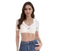 EMOTTOS Chemisier à Col en V pour Femme, Manches Courtes Dirndl Costume Bavarois élégant, Broderie en Maille, Blouse Traditionnelle pour L'Oktoberfest, Blanc, S