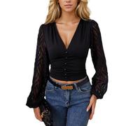 EMOTTOS Chemisier Femme Hauts et Elégant, Manches Longues de Lanterne Col en V Crop Top, Haut à Taille Froncée Tops Chic et Elegant Y2K, Top avec Boutons Décoratifs, Noir, L