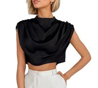 EMOTTOS Chemisiers pour Femmes, Haut Satin Manches Chauve-Souris Courtes Ras du Cou Tops, sans Manche Blouse en Satin Plissé Décontracté Élégant pour Femmes, Noir, L