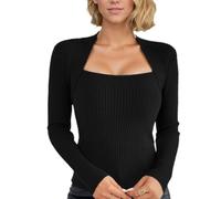 EMOTTOS Crop Tops en Tricot pour Femmes, Y2K Pull Fit Open Front T-Shirts avec Encolure Carrée, Pull Over Soft Hiver Basique Stylish Club Party pour Dames, Noir, L
