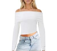 EMOTTOS Crop Tops en Tricoté pour Femmes, Tops Y2K pour Femmes T-Shirts Slim Fit Asymétrique Top, Pull Moulant Coeur Fashion Going Out Club Soirée, Blanc, S