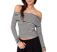 EMOTTOS Crop Tops Slim Fit pour Femmes, Tops y2k à Rayures Noires et Blanch Mode pour Les Femmes Décontractés T-Shirt à Une épaule et Manches Longues, Noir S