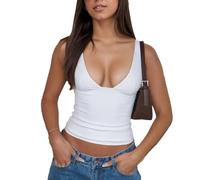 EMOTTOS Débardeur Dos Nu à col en V Profond pour Femmes - Tissu Extensible et Amincissant, Gilet sans Manches Sexy à Taille Basse, Camisole légère pour Femmes, Top de fête d'été, Blanc, S