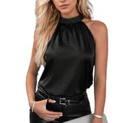 EMOTTOS Débardeur Femme, Col Licou sans Bretelles Chemisier Décontractés en Satin, Haut sans Épaules et sans Manches Blouse Basic pour Femmes, Noir, S