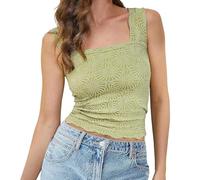 EMOTTOS Débardeur Femme sans Manches, Debardeur Crop Top Col Carré Ete Femme, Haut Tank Tops Court avec Jacquard Chic et Élégant Basic Cami Sexy Y2K Casual Coupe Étroite, Vert L