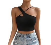 EMOTTOS Débardeur Femme sans Manches, Debardeur Crop Top Ete Femme avec Sangle Irrégulière, Gaufre Haut Tank Tops Court Skims Chic et Élégant Basic Cami Sexy Cropped Tops Y2K Coupe Étroite, Noir L
