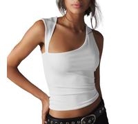 EMOTTOS Débardeur Femme sans Manches, Debardeur Crop Top Ete Femme avec Sangle Irrégulière, Haut Tank Tops Court Chic et Élégant Basic Cami Sexy Y2K Casual Coupe Étroite, Blanc L