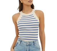 EMOTTOS Débardeur Femme sans Manches, Debardeur Rayure Top Collier Licou Ete Femme, Haut Col Rond Tank Tops Chic et élégant Basic Cami Sexy Casual Coupe Étroite, Bleu S