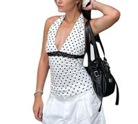 EMOTTOS Débardeur Femmes Y2K, Tops plissés à Pois Dentelle Patchwork, débardeurs Sexy sans Manches ajustés à col Licou, Tissu Extensible léger Femmes et Filles fêtes d'été Festivals, Blanc, S