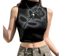 EMOTTOS Débardeur Sexy Rose Femme- Crop Top imprimé sans Manches Tendance pour Femmes, débardeur Extensible Top dupes Y2K T-Shirt de soirée（Black-M）