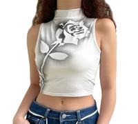 EMOTTOS Débardeur Sexy Rose Femme- Crop Top imprimé sans Manches Tendance pour Femmes, débardeur Extensible Top dupes Y2K T-Shirt de soirée（White-L）