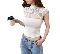 EMOTTOS Débardeur Y2K Femmes, Crop Tops Dentelle Patchwork détails ajourés, débardeurs Sexy sans Manches, Coupe ajustée, Demi-Haut, Tissu Extensible léger Filles fêtes d'été, Blanc, Tailles L