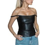 EMOTTOS Débardeurs à Spaghetti Réglable en Cuir pour Femmes, ärmellos T-Shirt Sexy en PU, Top Ajusté Y2K avec Bretelles élastiques, Rave Tshirts de Soirée Clubwear pour Femmes, Noir, L