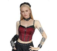 EMOTTOS Débardeurs Gothiques à col en V pour Femmes, Chemise Sexy en Patchwork de Cuir Y2K, Haut Court sans Manches en Dentelle pour Halloween, Rouge, S