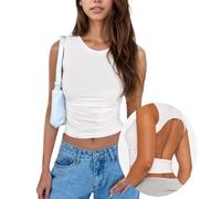 EMOTTOS Débardeurs sans Manches pour Femmes, Sexy Y2K Backless Chemises avec Crop Tops Moulants à épaules Decolleté, Ruched Top Slim Fit avec Col Rond Club Party D'été T-Shirt, Blanc, S
