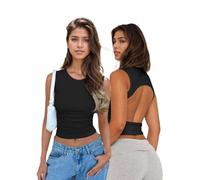 EMOTTOS Débardeurs sans Manches pour Femmes, Sexy Y2K Backless Chemises avec Crop Tops Moulants à épaules Decolleté, Ruched Top Slim Fit avec Col Rond Club Party D'été T-Shirt, Noir, L
