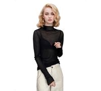 EMOTTOS Femme Top Transparent Dentelle Mesh, Haut Sexy Manches Longues à Volants Col Montant Slim Fit, Y2K Tenue Partys Clubwear Alltagslooks Automne Hiver T-Shirts, Noir, Taille Unique