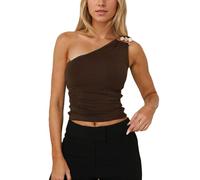 EMOTTOS Femmes Bohemia Débardeurs Asymétriques, Sexy Y2K sans Manches Froncé Haut, Débardeurs Moulants sans épaules avec Boucle Décorative pour Les Soirées Clubs D'été, Marron, S