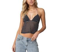 EMOTTOS Femmes Débardeurs à Pois, Dos Nu Camis avec Réglable Bretelles Spaghetti, sans Manches Haut en Dentelle avec Encolure en V Profond pour Soirée D'été Dames, Noir, L