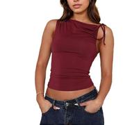 EMOTTOS Femmes Débardeurs Asymétriques, Sexy Y2K sans Manches Haut à Bretelles Réglables, Slim Fit Hors épaule Débardeurs, Plissé Haut pour Les Soirées Clubs D'été, Rouge, L