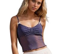EMOTTOS Femmes Débardeurs en Maille à Pois, Y2K Haut à Bretelles Spaghetti Ajustables avec Nœud Papillon, Débardeur Plissé sans Manches, Haut en Dentelle See Through pour Les Soirées Clubs, Bleu, M