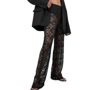 EMOTTOS Femmes Dentelle Pantalons, Y2k Taille Haute Pantalon avec Motif de Fleur au Crochet, Pantalon à Taille élastique en Maille Transparente évidé pour la Fête Nightclub Party, Noir, M