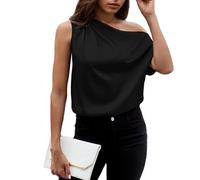 EMOTTOS Femmes Haut à Épaules Dénudées, Chemisiers à Manches Chauve-Souris à Épaules Courtes en Satin T-Shirt, Tops Asymétriques Plissés à Brillant Décontractés, Noir, L