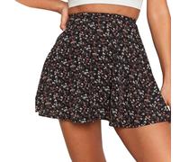EMOTTOS Femmes Jupe Courte Évasée en Mousseline, Boho Mini Jupe Patineuse Plissée à Taille Haute avec Imprimé Floral et Fermeture Éclair Invisible, Jupe à Ourlet Froncé Floaty Floral, Noir, M
