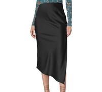 EMOTTOS Femmes Jupe Longue en Satin, Taille Haute Sexy Jupes Midi Élastiques pour Femmes, Élégante Jupe Asymétrique Fendue, Ligne A, Noir, S