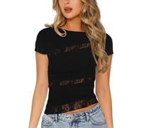 EMOTTOS Femmes Lace Splice Top- Y2K Slim Transparent t - Shirt Sexy col Rond Mesh Tulle Femmes Manches Courtes dupes Top avec Fleur Lace Club Streetwear(Noir-L)