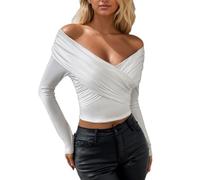 EMOTTOS Femmes Longues Manches Crop Top, Y2K Modèle Sexy à Épaules Découvertes T-Shirts, Extensible Décontractés Couleur Unie Hauts Torsadé sur la Poitrine, Blanc, L