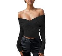 EMOTTOS Femmes Longues Manches Crop Top, Y2K Modèle Sexy à Épaules Découvertes T-Shirts, Extensible Décontractés Couleur Unie Hauts Torsadé sur la Poitrine, Noir, S