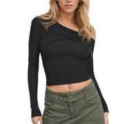 EMOTTOS Femmes Longues Manches Crop Top, Y2K Moulant Décolleté Sexy T-Shirts, Décontractés Couleur Unie Extensible Hauts Basiques Design Torsadé sur la Poitrine, Noir, S