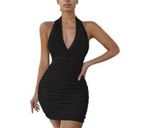 EMOTTOS Femmes Moulant Mini Portefeuille Robes, sans Manches Spaghetti Bretelles Bodycon Robes avec Col en V Profond, Y2K Ruched Dos Nu Robe, Haute Élastique Cocktails Soirée Robe, Noir, L