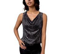EMOTTOS Femmes Swing Col Paillettes Débardeurs, Slim Fit sans Manche Sequins col v Camisole, Elégant Brillante Glitter Haut Soirée D’été Boîte de Nuit pour Dames, Noir, L