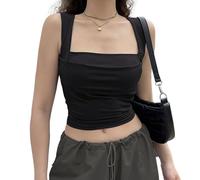 EMOTTOS Femmes Tops froncés et décolletés, Sexy Summer Square Neck Tops Gilet à Double Volants, Y2k Slim Fit Off-Shoulder Camisole Crop Top sans Manches(Noir-L)
