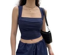 EMOTTOS Femmes Tops froncés et décolletés, Sexy Summer Square Neck Tops Gilet à Double Volants, Y2k Slim Fit Off-Shoulder Camisole Crop Top sans Manches(Bleu-S)