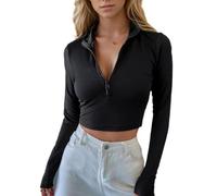 EMOTTOS Femmes Y2K Crop Top, Longues Manches Col Polo Shrit en V Profond avec Fermeture Éclair T-Shirts, Tricoté Décontractés Couleur Unie Slim Fit Extensible Hauts, Noir, L