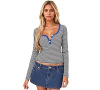 EMOTTOS Femmes Y2K Crop Top, Longues Manches Encolure en V Sexy et Boutonnée T-Shirts, Slim Fit Extensible Hauts Simple à Rayures Décontractés Hauts, Noir, M