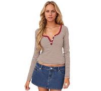 EMOTTOS Femmes Y2K Crop Top, Longues Manches Encolure en V Sexy et Boutonnée T-Shirts, Slim Fit Extensible Hauts Simple à Rayures Décontractés Hauts, Rouge, L
