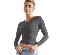 EMOTTOS Femmes Y2K Crop Tops, T-Shirt à Manches Longues doublé et ajusté, Chemises Slim à col Rond, Fashion Skinny Y2K Dupe Tee Shirt(Noir/Gris/Brun/Champagne, S-L)
