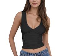 EMOTTOS Femmes Y2k DéBardeurs à Col en V, Chemise FroncéE Sexy Slim Fit, Crop Top sans Manches Mode Maigre FêTe Clubbing VêTements D'éTé pour Dames, Noir, L
