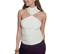 EMOTTOS Femmes Y2k DéBardeurs à Col Roulé, Haut sans Manches avec Boucle en MéTal DéCorative, Slim Fit Crop Top Mode Skinny Party Clubbing VêTements D'éTé pour Dames, Noir/Blanc, S-L