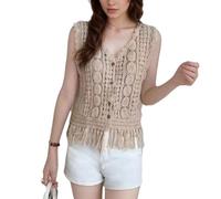 EMOTTOS Gilet sans Manches à Col en V pour Femme, Cardigan au Crochet avec Ourlet à Pompons, Boutons Vêtement D'été pour Robes de Soirée et Robes de Cocktail, Beige, Taille Unique